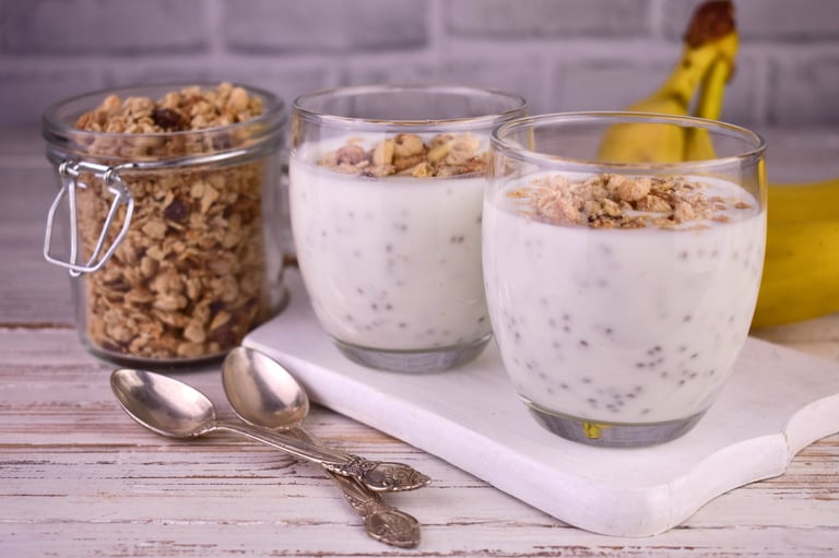 Banana chia pudding with granola. Healthy snack.