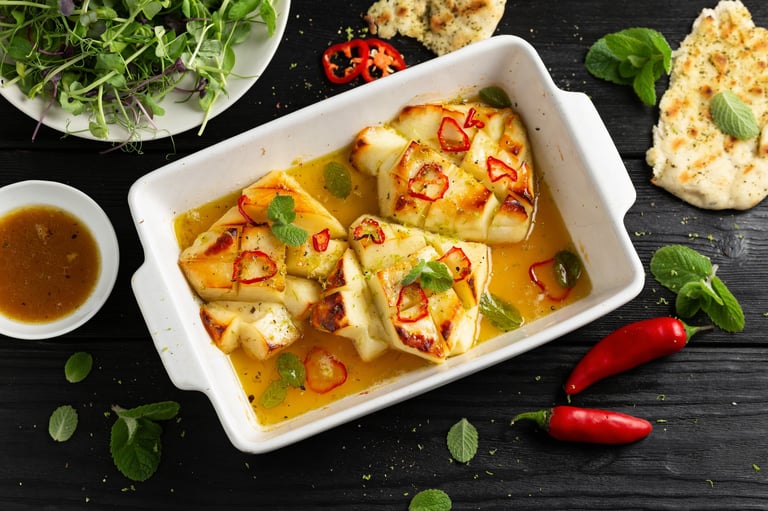 Baked halloumi with honey and chilli served with fresh mint leaves, green salad and grilled pitta bread