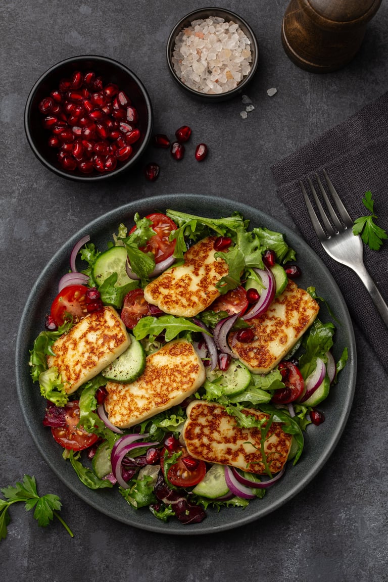 Fried halloumi cheese, cucumber and tomato salad on grey plate, top view, dark background