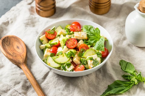 Healthy Homemade Avocado Cucumber Caprese Salad with Basil and Mozzarella