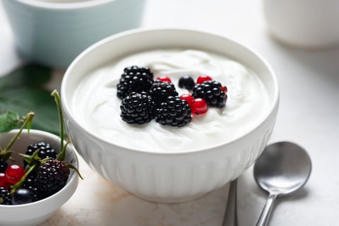 Bowl of thick greek yogurt served with fresh blackberries and currants