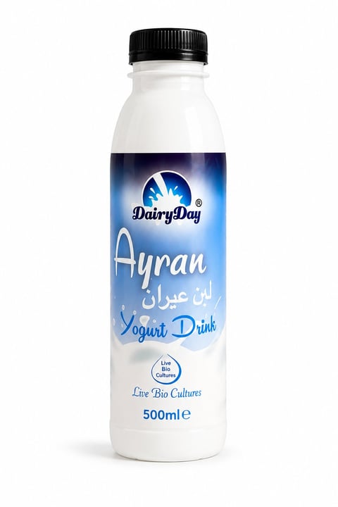 DairyDay Ayran yogurt drink bottle, 500ml, with white and blue label design and black screw cap