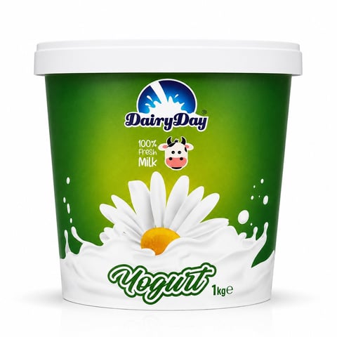 Dairy Day 1kg yogurt container with white lid, green label featuring a white daisy flower and milk splash design