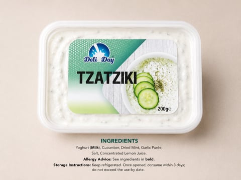 Container of Deli Day Tzatziki yogurt sauce with cucumber slices shown, 200g portion, with ingredient and storage information label below