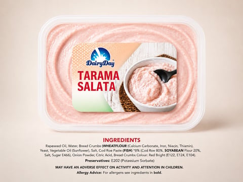 DairyDay Tarama Salata container showing ingredients and nutritional information with a creamy pink spread and wooden spoon