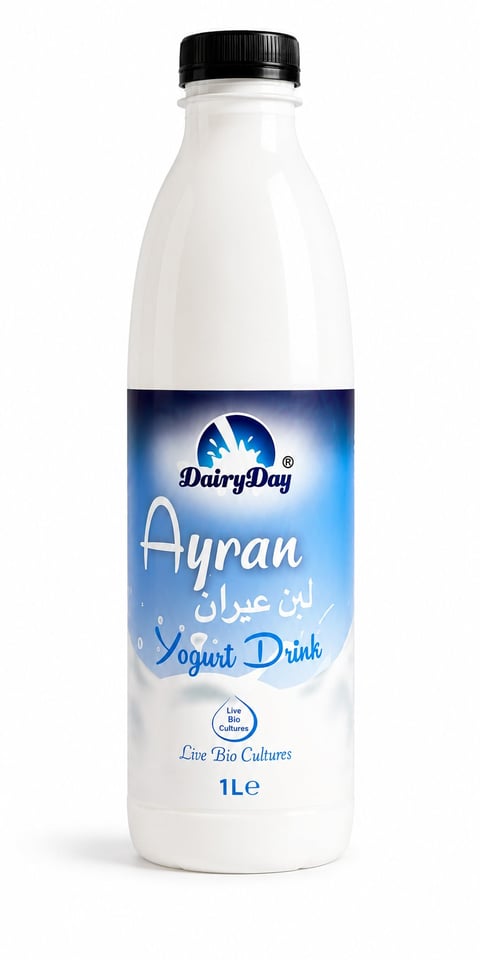 Dairy Day Ayran yogurt drink bottle, 1 liter, with black cap and blue label
