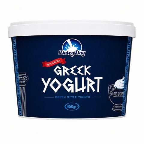 Dairy Day Greek yogurt container, 450g, featuring a black label with white text and Greek-inspired design elements