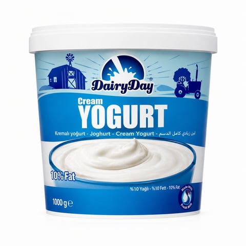 Dairy Day cream yogurt container 1000g with 10% fat, blue and white packaging featuring farm imagery