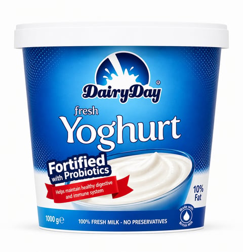 Dairy Day fresh yoghurt container with white lid, 1000g, fortified with probiotics, 10% fat, 100% fresh milk no preservatives