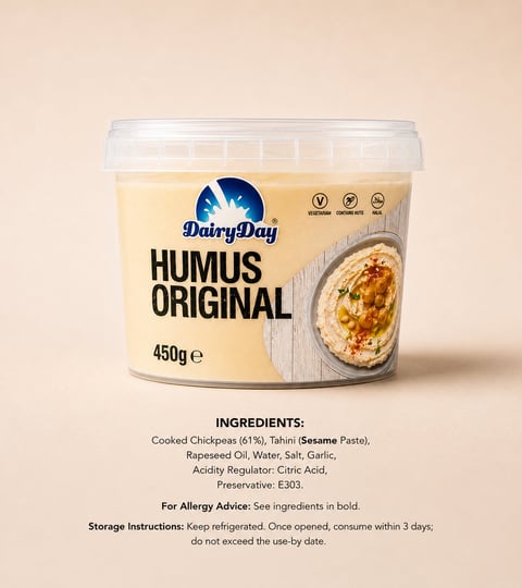 Dairy Day Hummus Original 450g container with ingredients and storage instructions on beige background