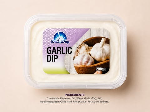 A clear plastic container of Deli Day Garlic Dip with visible white dip inside and garlic bulb imagery on the label against a beige background
