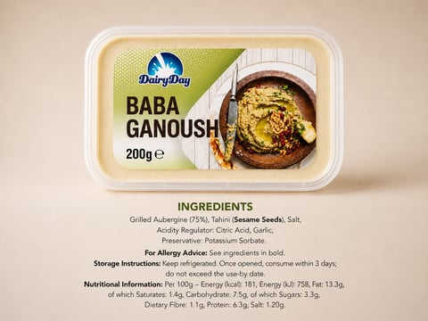 Baba Ganoush 200g product container showing grilled eggplant dip with ingredients and nutritional information