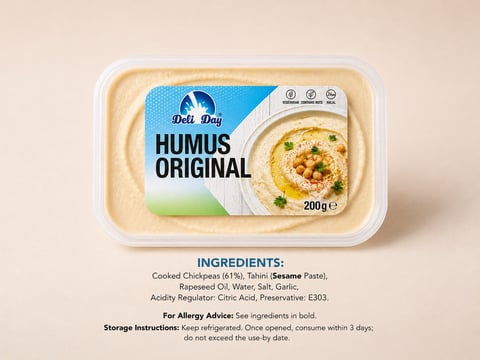 Deli Boy Hummus Original 200g container with creamy beige hummus and ingredient list visible on packaging