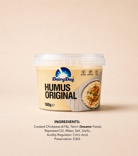 DairyDay Humus Original 180g container with ingredients list displayed below on beige background