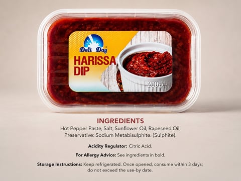 Harissa dip container by Deli Day with ingredients list and storage instructions displayed below