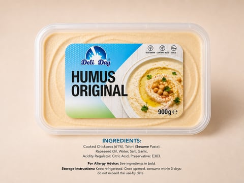 Dell Boy Hummus Original 900g container with creamy beige hummus and garnish visible in packaging