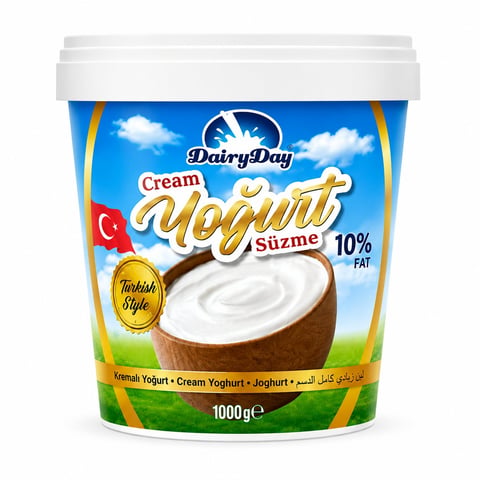 Dairy Day Cream Alenyet Turkish Style Yogurt 1000g container with 10% fat displayed against blue sky background with green grass
