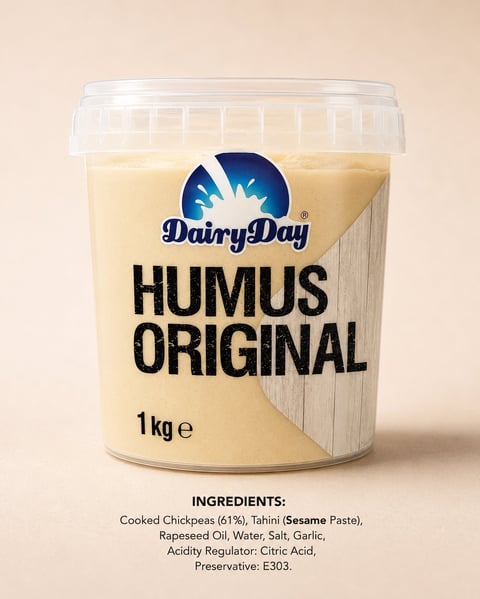 Dairy Day Humus Original 1kg container with ingredients list displayed below