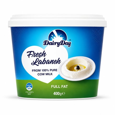 Dairy Day Fresh Labaneh 400g container with blue and green label showing full fat cream cheese product from 100% pure cow milk