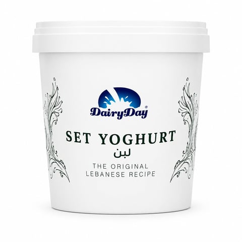 DairyDay Set Yoghurt container with white lid, featuring blue logo and Lebanese recipe text