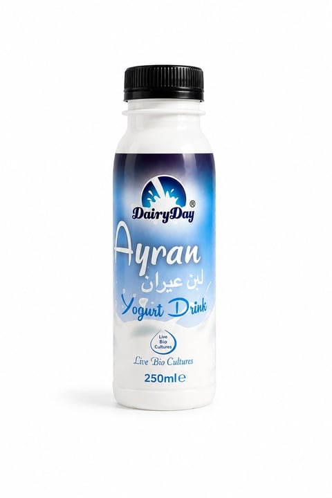 Bottle of DairyDay Ayran yogurt drink, 250ml, with blue and white label against white background