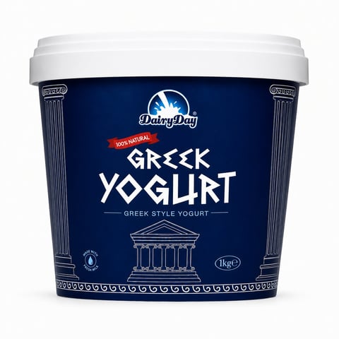 Dairy Day Greek yogurt container, 1kg, with white lid and dark blue label featuring Greek temple design