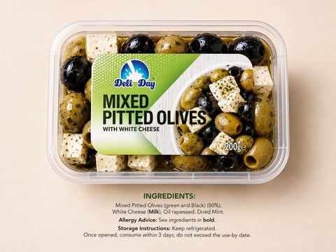 Container of Deli Day mixed pitted olives with white cheese, showing green and black olives with feta cheese cubes inside a clear plastic tray
