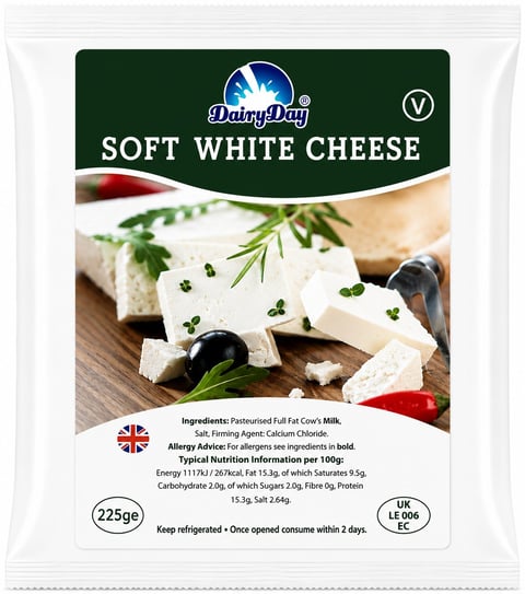 Dairy Day Soft White Cheese 225g package with white cheese blocks, olives, and herbs on wood background