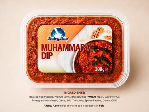 DairyDay Muhammara Dip container, 200g, showing reddish-brown dip with product label and ingredients list.