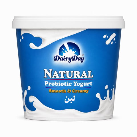 DairyDay Natural Probiotic Yogurt container with white lid, blue label with milk splashes design
